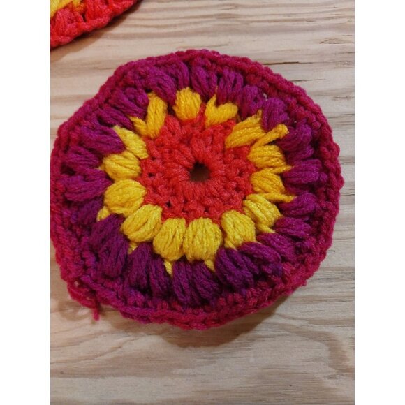 Handmade Crochet Coasters Set Of 2 - Vibrant Yellow Orange & Red Design With Fel - Picture 4 of 6